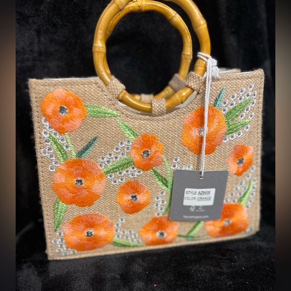 💐Haute Hippie Orange Floral Rhinestone accent Tote with Bamboo Handles-💐NWT - Picture 13 of 13